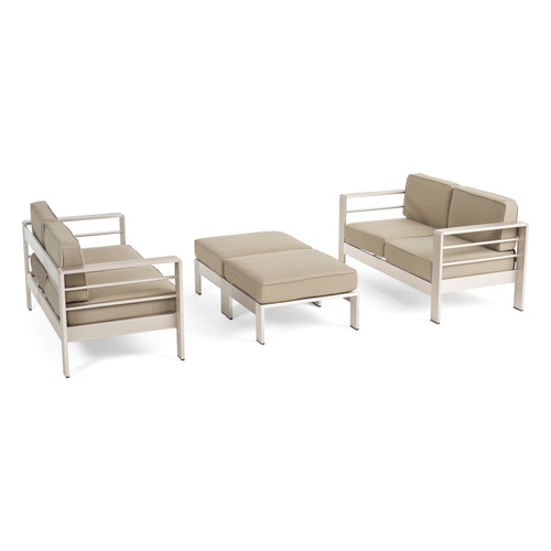 4-Piece Khaki Brown and Silver Outdoor Patio Loveseat with Ottoman Set 56.75"