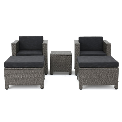 5-Piece Black Finish Wicker Outdoor Furniture Patio Chat Set - Gray Cushion