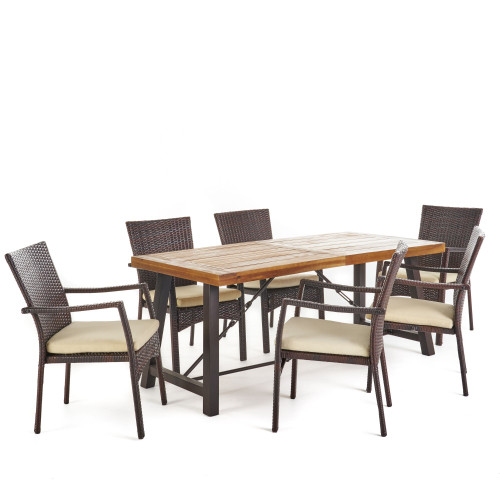 7-Piece Brown Teak Finish Metal Outdoor Furniture Patio Dining Set - Creme Cushions