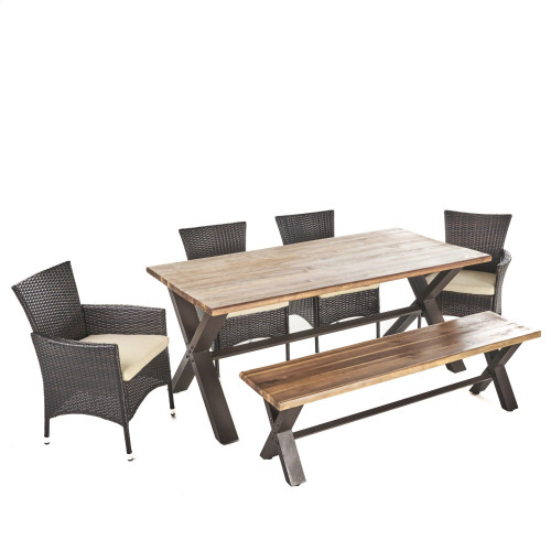 6-Piece Rustic Brown Wood Finish Outdoor Furniture Patio Dining Set - Beige Cushions