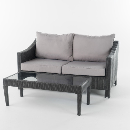 2-Piece Gray Finish Wicker Outdoor Furniture Patio Chat Set - Silver Cushion