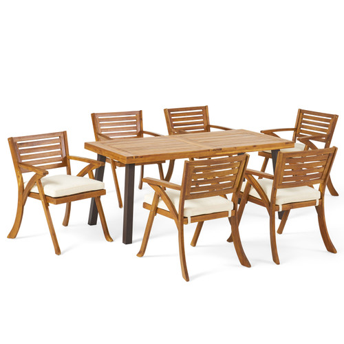 7-Piece Tawny Brown Contemporary Outdoor Furniture Patio Dining Set - White Cushions