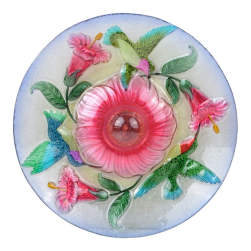 Floral Hummingbird Glass Outdoor Solar Orb Bird Bath - 21"