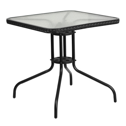 28" Black Tempered Glass Square Outdoor Patio Table with Rattan Edging