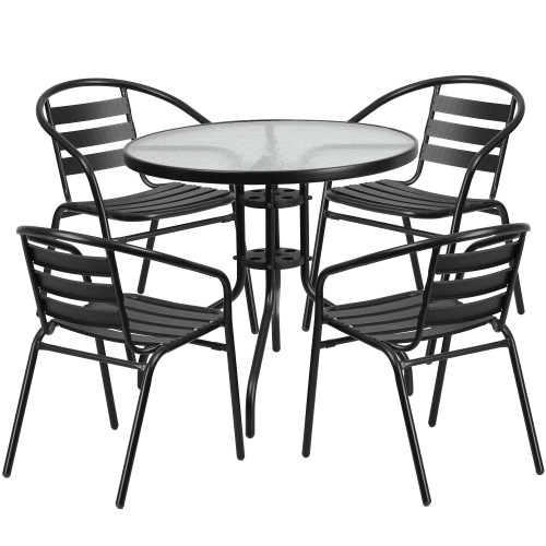 5-Piece Black Round Outdoor Furniture Patio Table with Stack Chairs