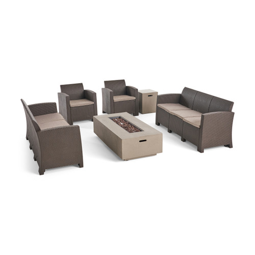 6pc Brown and Gray Outdoor Patio 8 Seater Chat Set with Fire Pit 67.5"