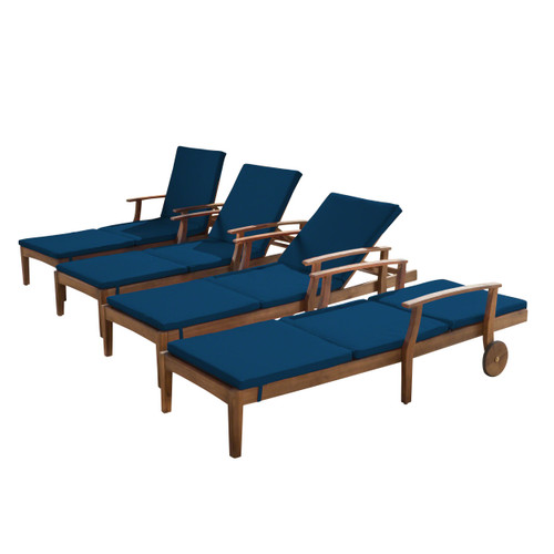 Set of 4 Blue and Brown Outdoor Patio Chaise Lounges - Teak Finish, Water-Resistant Cushions