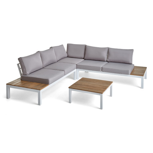 4-Piece Light Gray Aluminum and Wood Outdoor Furniture Patio Sofa Set - White Cushions