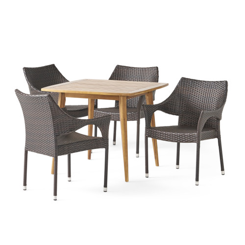 5-Piece Brown Teak Finish Wood and Wicker Outdoor Furniture Patio Dining Set