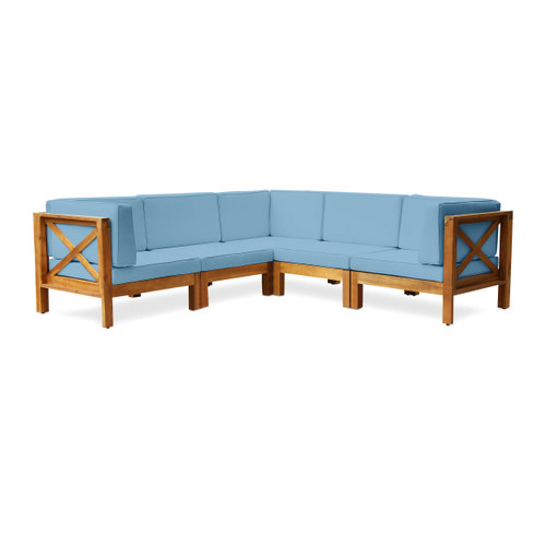 5-Piece Natural Brown Outdoor Sectional Sofa Set - Blue Cushions