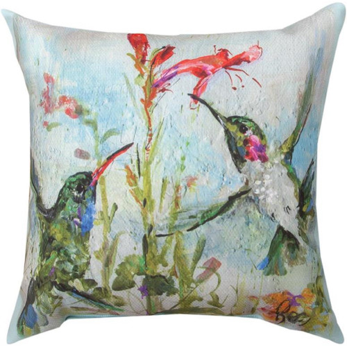 18" Blue and Green Hummingbirds Square Outdoor Throw Pillow