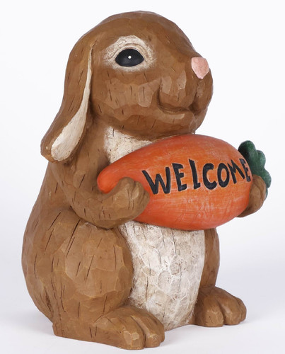 10" Brown and Orange Rabbit Holding Carrot Welcome Sign Statue