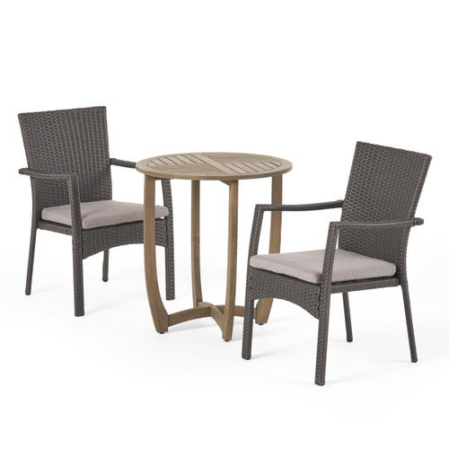 Sloane Outdoor 3pc Gray Round Table Patio Bistro Set - Wood and Wicker Blend, Cushions Included