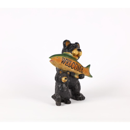 Bear and Cub Holding Fish Welcome Sign Outdoor Garden Statue - 11.25" - Black and Brown
