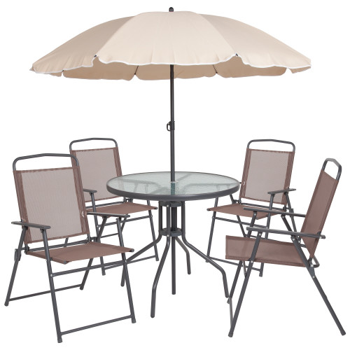 6-Piece Brown and Gray Contemporary Round Outdoor Furniture Patio Table Set 80"