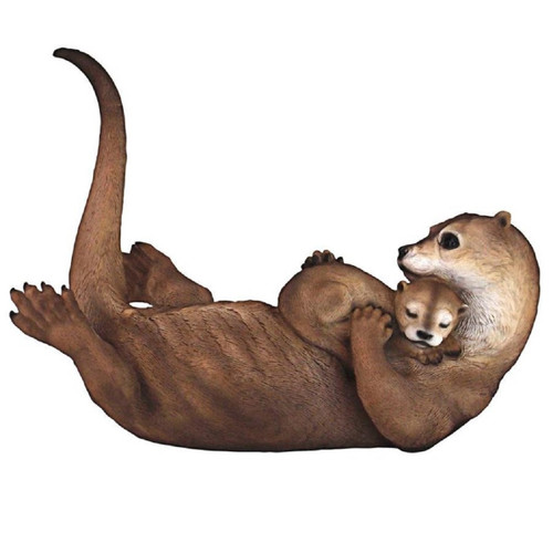 15.5" Mother Otter Holding Baby Outdoor Garden Statue - Endearing and Lifelike Otter Duo