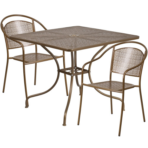 3-Piece Gold Square Contemporary Outdoor Furniture Patio Table with Round Back Chairs