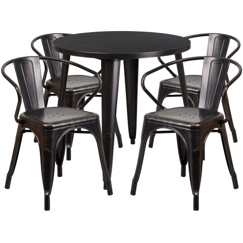 Set of 5 Round Black-Antique Gold Metal Indoor and Outdoor Table with Arm Chair Set 30"