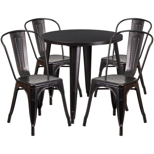Set of 5 Round Black-Antique Gold Metal Indoor and Outdoor Table with Cafe Chair Set 33"