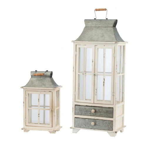 Set of 2 Silver and White Evelyn Enclosed Lanterns with Handle and Drawers 36.5"