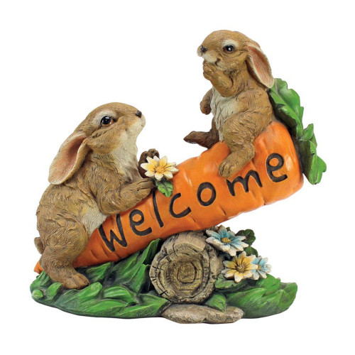 10.5" Resting Bunny Welcome Sign Hand Painted Outdoor Statue