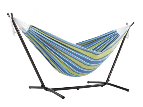 110" Blue and Green Striped Brazilian Style Hammock with a Steel Hammock Stand