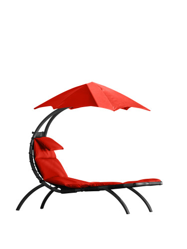 72" Red Low Outdoor Lounge Chair with Overhanging Umbrella