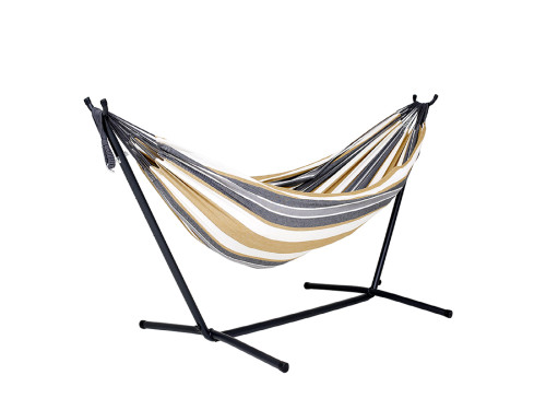 Relax in Style with a 110" Grey and Gold Striped Hammock and Steel Stand Set