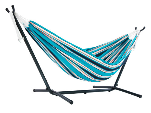 Relax in Style with a 110" Blue and White Striped Sunbrella Hammock and Stand Set