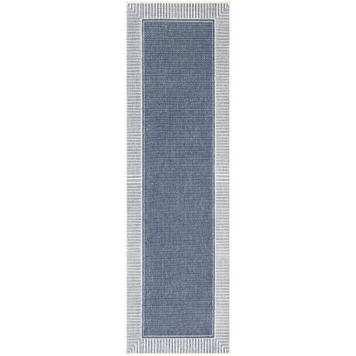 2'3" x 7'9" Alfresco Blue and White Striped Borderline Pattern Synthetic Area Rug