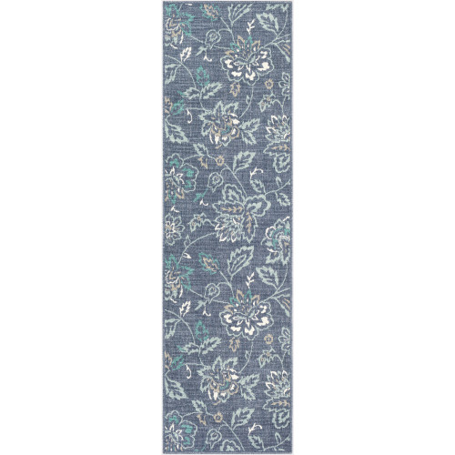 2.3' x 7.9' Alfresco Blue and Green Floral Synthetic Area Rug