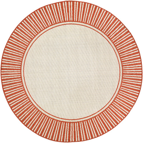 5'3" Alfresco Beige and Orange Stripe Border Patterned Round Synthetic Area Throw Rug
