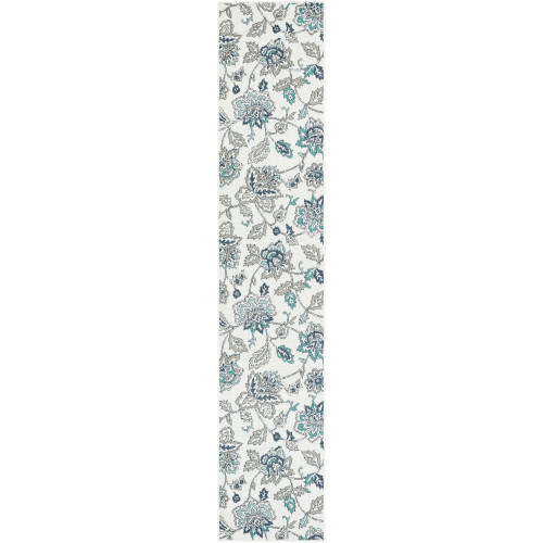 2'3" x 11'9" Alfresco White with Brown and Blue Floral Patterned Synthetic Area Throw Rug Runner