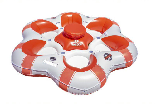 99" Orange and White Super Chill 6-Person Inflatable Island Float with Built-in Cooler and Cup Holders