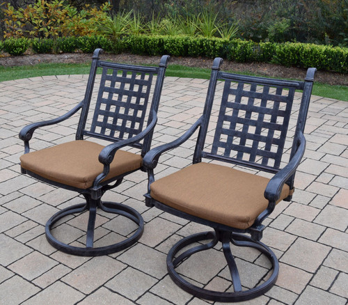 Set of 2 Charcoal Black Swivel Rocker Outdoor Patio Chairs - Tan Brown Cushions
