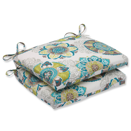 Set of 2 Blue and Green Suzani Outdoor Patio Chair Seat Cushions 18.5"
