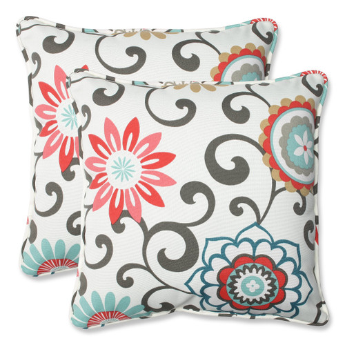 Floral Outdoor Corded Square Corner Throw Pillows - 18.5" - Blue and White - Set of 2