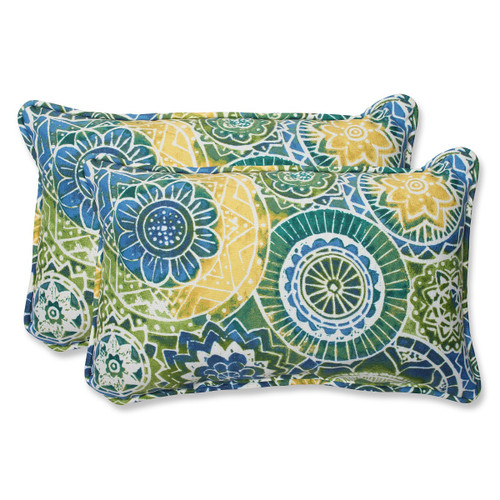 Mandala Outdoor Patio Lumbar Throw Pillows - 18.5" - Set of 2 - Green and Yellow
