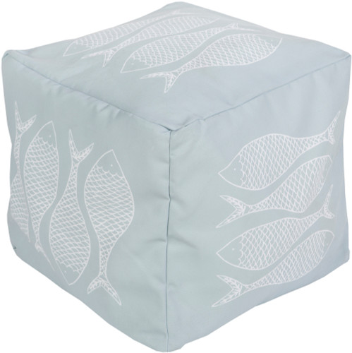 18" Powder Blue and Light Gray Mackerel Square Outdoor Patio Pouf Ottoman