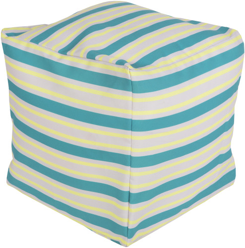 18" Teal Blue, Yellow Cream and Gray Eclectic Striped Square Outdoor Patio Pouf Ottoman
