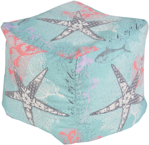 18" Sky Blue, Coral Pink and Ivory Aquatic Sea Life Square Outdoor Patio Pouf Ottoman