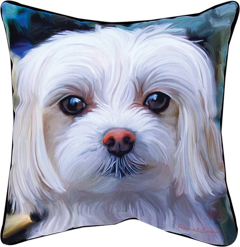 18" White and Blue Malty Maltese Outdoor Patio Square Throw Pillow
