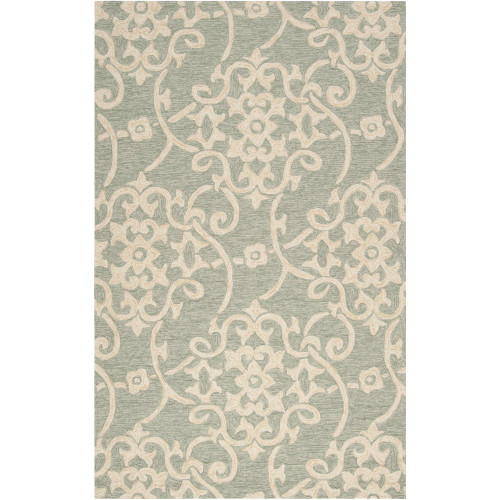 5' x 8' Floral Sea Green and Beige Hand Hooked Outdoor Area Throw Rug