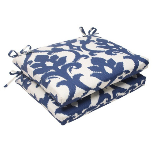 Victorian Floral Outdoor Squared Edge Seat Cushions - 18.5" - Blue - Set of 2