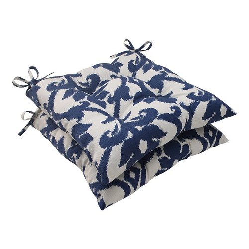 Victorian Damask Tufted Outdoor Seat Cushions - 19" - White and Blue