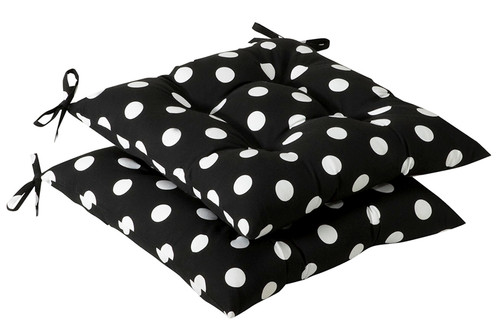 Set of 2 Black and White Polka Dotted Reversible Outdoor Patio Tufted Chair Seat Cushion 19-Inch