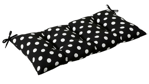 44" Black and White Polka Dotted Reversible Outdoor Patio Tufted Wicker Loveseat Cushion