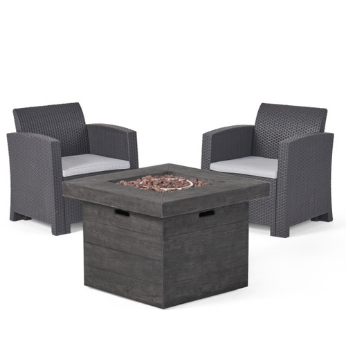 3pc Gray 2 Seater Outdoor Patio Chat Set with Fire Pit 32"