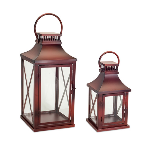 Set of 2 Metallic Brown Antique Styled Glass Candle Lantern with Round Handle 20"