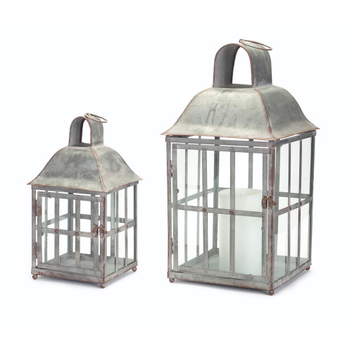 Set of 2 Slightly Distressed Rustic Metal Candle Lanterns 20.25"